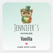 グリーントップハットキャンドルのビジネスかわいいフクロウ スクエアシール (正面)