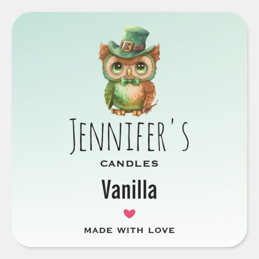 グリーントップハットキャンドルのビジネスかわいいフクロウ スクエアシール (正面)