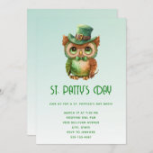 グリーントップハットセントパティの日のかわいいフクロウ 招待状 (正面/裏面)