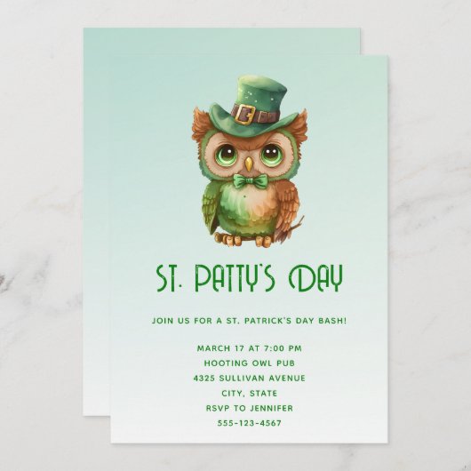 グリーントップハットセントパティの日のかわいいフクロウ 招待状 (正面/裏面)