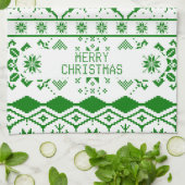 グリーントナカイ編み模様白い背景 キッチンタオル (折り畳み)