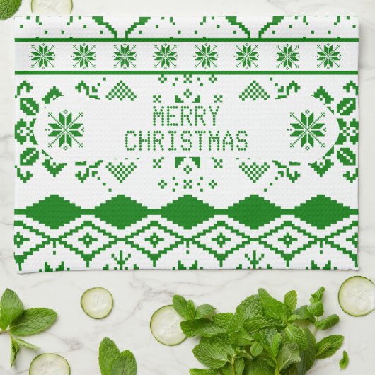 グリーントナカイ編み模様白い背景 キッチンタオル (折り畳み)