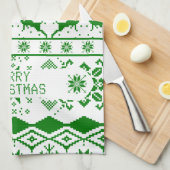 グリーントナカイ編み模様白い背景 キッチンタオル (四つ折り)