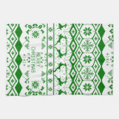 グリーントナカイ編み模様白い背景 キッチンタオル (横)