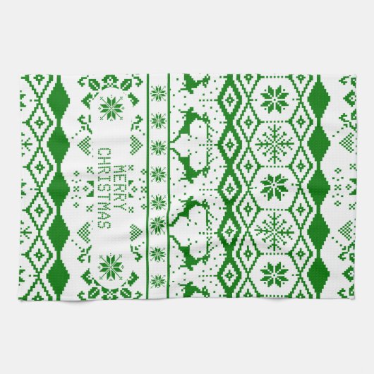 グリーントナカイ編み模様白い背景 キッチンタオル (横)