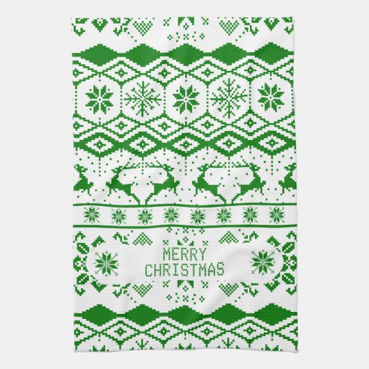 グリーントナカイ編み模様白い背景 キッチンタオル (縦)