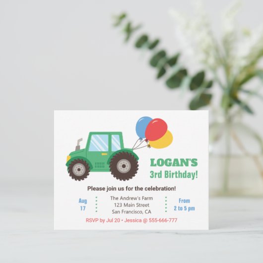 グリーントラクターとバルーン誕生日パーティー 招待状 (スタンド正面)