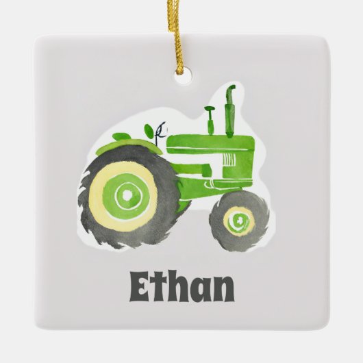 グリーントラクターウォーターパーソナライズされたカラーファームデコール セラミックオーナメント (正面)