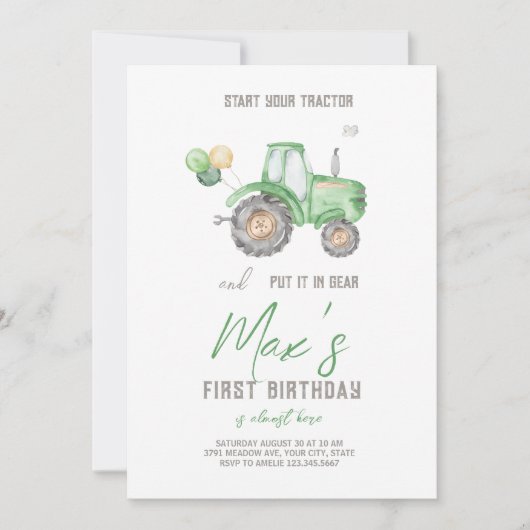 グリーントラクターテーマ誕生日招待状 招待状 (正面)