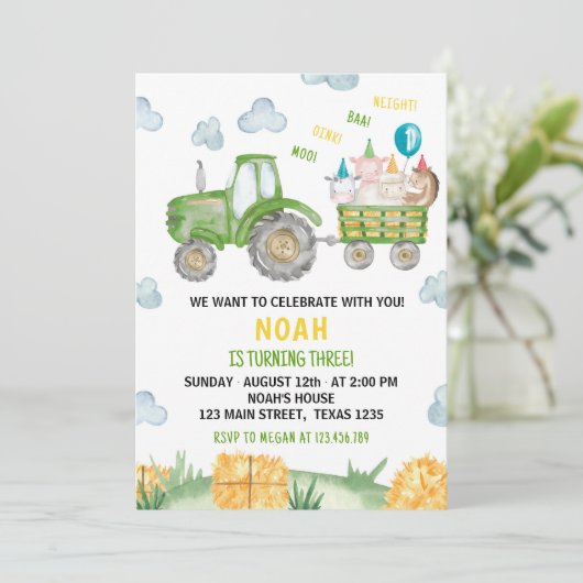 グリーントラクターファームアニマル3rd誕生日招待状 招待状 (スタンド正面)