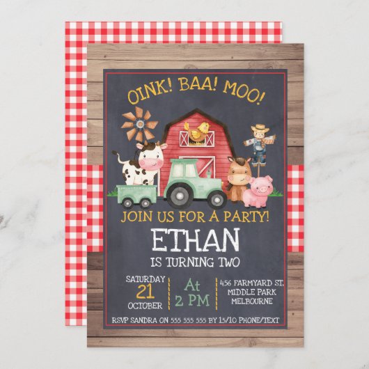 グリーントラクターファームシャルボード誕生日招待状 招待状 (正面/裏面)