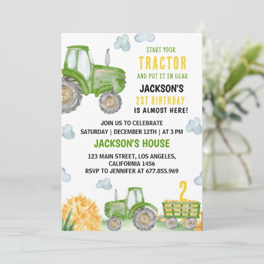 グリーントラクターファームバースデーパーティーの招待 招待状 (スタンド正面)