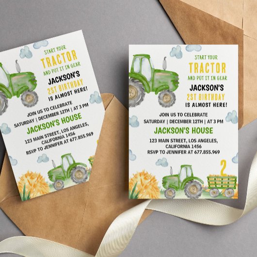 グリーントラクターファームバースデーパーティーの招待 招待状