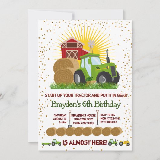 グリーントラクター🚜ファームフォトキープサケ誕生日 招待状 (正面)