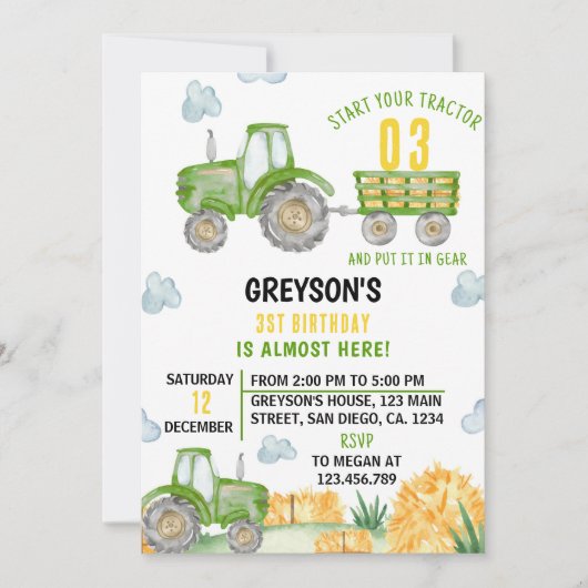グリーントラクターファームボーイバースデーパーティーの招待 招待状 (正面)