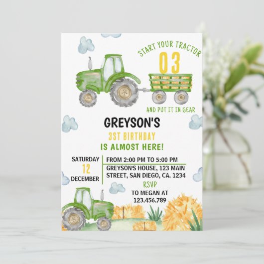 グリーントラクターファームボーイバースデーパーティーの招待 招待状 (スタンド正面)