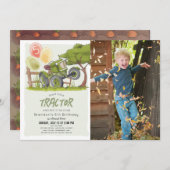 グリーントラクターファームボーイフォト誕生日 招待状 (正面/裏面)