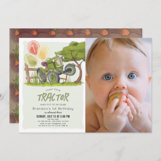 グリーントラクターファームボーイ写真1st誕生日 招待状 (正面/裏面)