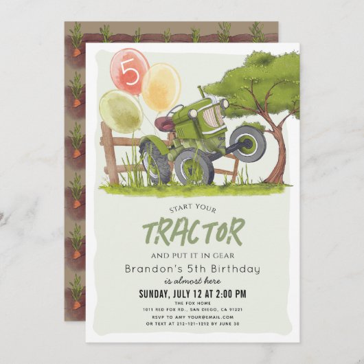 グリーントラクターファームボーイ子供の誕生日 招待状 (正面/裏面)