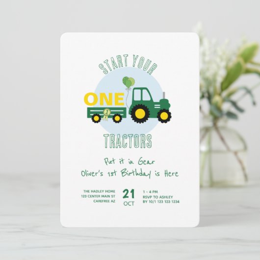 グリーントラクターファームボーイ1st誕生日 招待状 (スタンド正面)