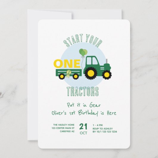 グリーントラクターファームボーイ1st誕生日 招待状 (正面)