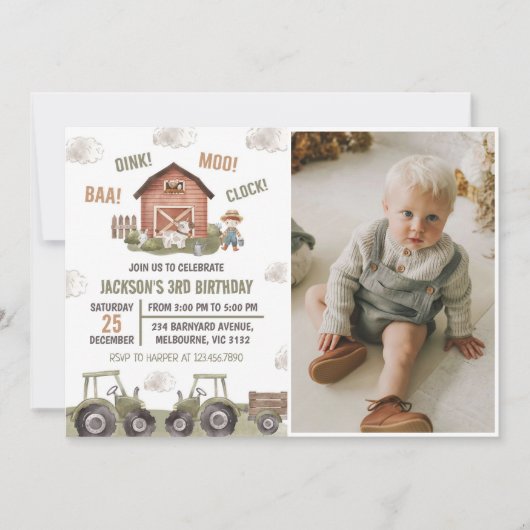 グリーントラクターファームボーイ3rd誕生日パーティー写真 招待状 (正面)