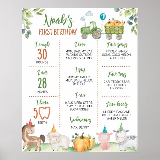 グリーントラクターファーム動物誕生日マイルストーンサイン ポスター (正面)