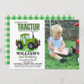 グリーントラクターフォトバースデーパーティーの招待 招待状 (正面/裏面)