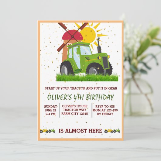 グリーントラクターボーイズをテーマにした誕生日パーティー 招待状 (スタンド正面)