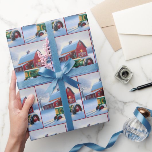 グリーントラクター付きクリスマスレッドバーン ラッピングペーパー (ギフト)