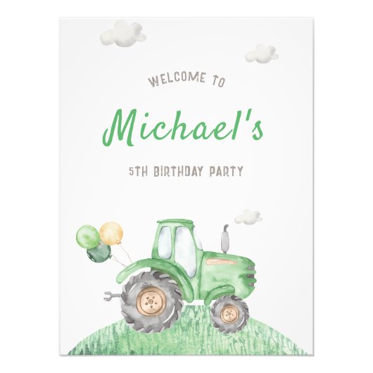 グリーントラクター誕生日ウェルカムサイン フォトプリント            (正面)