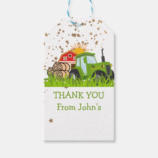 グリーントラクター | ファームテーマバースデーパーティーデコール ギフトタグ (正面)