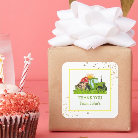 グリーントラクター | ファームテーマバースデーパーティーデコール スクエアシール (パーティー)