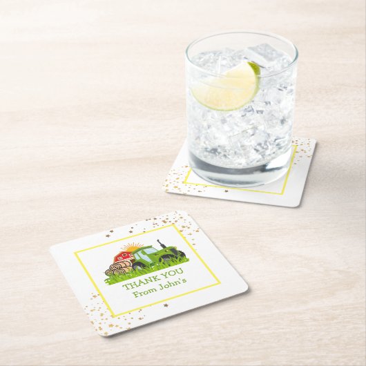 グリーントラクター | ファームテーマバースデーパーティーデコール スクエアペーパーコースター (インサイチュ)