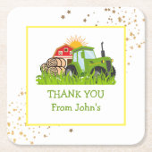 グリーントラクター | ファームテーマバースデーパーティーデコール スクエアペーパーコースター (正面)