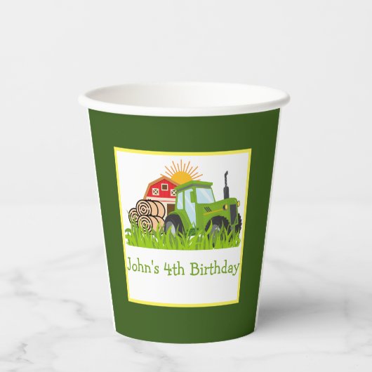 グリーントラクター | ファームテーマバースデーパーティーデコール 紙コップ (正面)