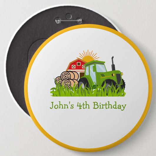 グリーントラクター | ファームテーマバースデーパーティーデコール 缶バッジ (正面&裏面)