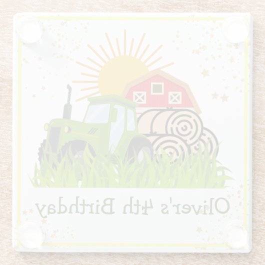 グリーントラクター |男の子をテーマにした誕生日パーティー ガラスコースター (裏面)