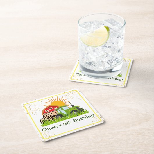 グリーントラクター |男の子をテーマにした誕生日パーティー スクエアペーパーコースター (インサイチュ)