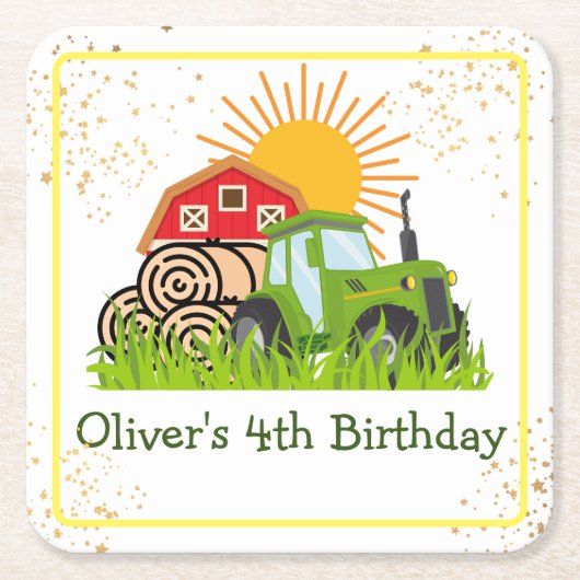 グリーントラクター |男の子をテーマにした誕生日パーティー スクエアペーパーコースター (正面)
