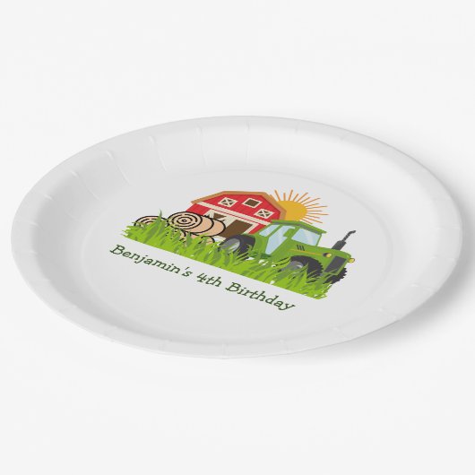 グリーントラクター |男の子をテーマにした誕生日パーティー ペーパープレート (アングル)