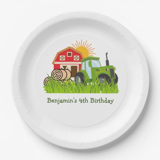 グリーントラクター |男の子をテーマにした誕生日パーティー ペーパープレート (正面)