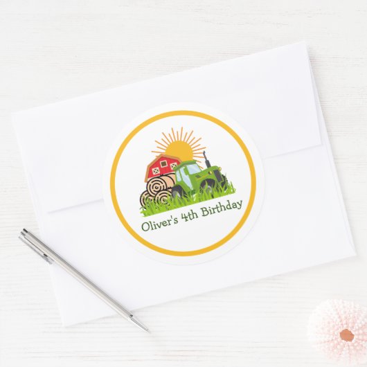 グリーントラクター |男の子をテーマにした誕生日パーティー ラウンドシール (封筒)