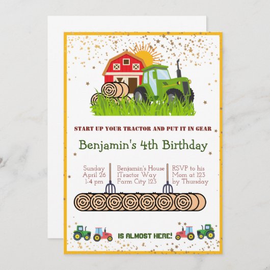 グリーントラクター |男の子をテーマにした誕生日パーティー 招待状 (正面/裏面)