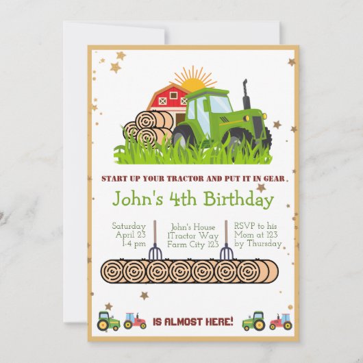 グリーントラクター |男の子をテーマにした誕生日パーティー 招待状 (正面)