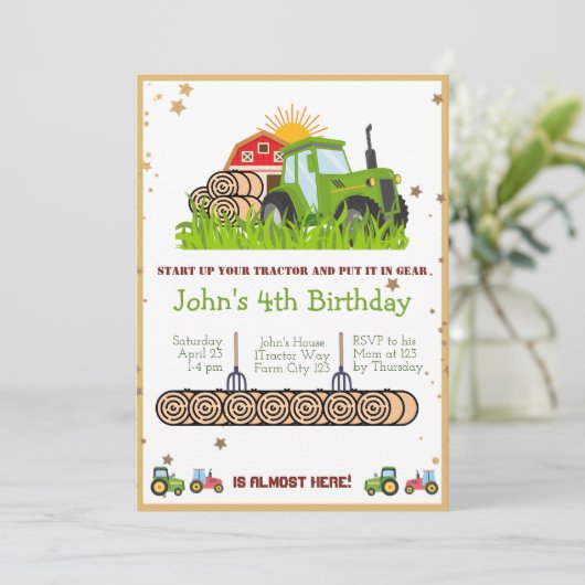 グリーントラクター |男の子をテーマにした誕生日パーティー 招待状 (スタンド正面)
