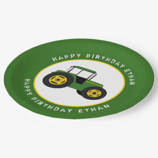 グリーントラクタ誕生日カスタム ペーパープレート (アングル)