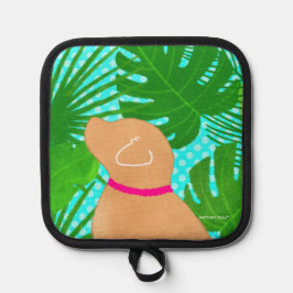 グリーントロピカルアイランドイエロードッグポットホルダー 鍋敷き