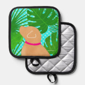 グリーントロピカルアイランドイエロードッグポットホルダー 鍋敷き (正面/裏面)