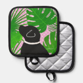 グリーントロピカルアイランドブラックドッグポットホルダー 鍋敷き (正面/裏面)